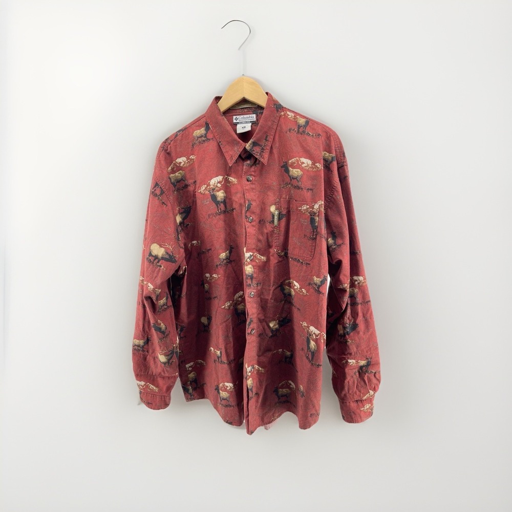 Columbia River Lodge Shirt XL Elk Print Button Up Red Outdoors Hunting‎
